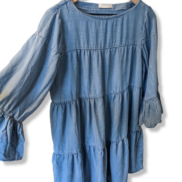 Zara Dresses & Skirts - ZARA Dress Denim Collection Tier Ruffle Chambray Long Sleeve Blue Size Small